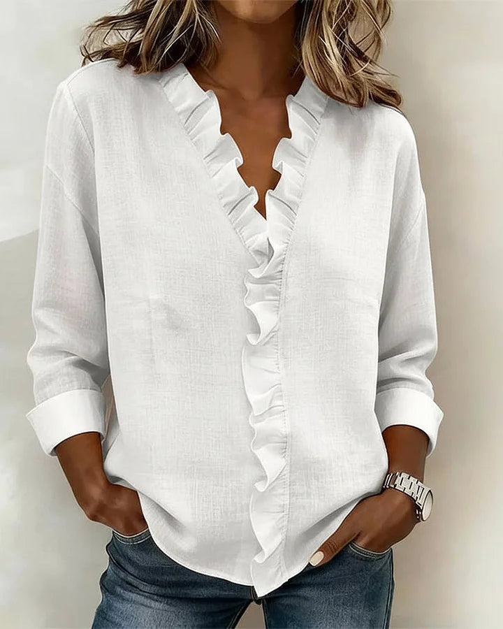 Linda | Blouse avec Volants, Col en V et Manches Longues