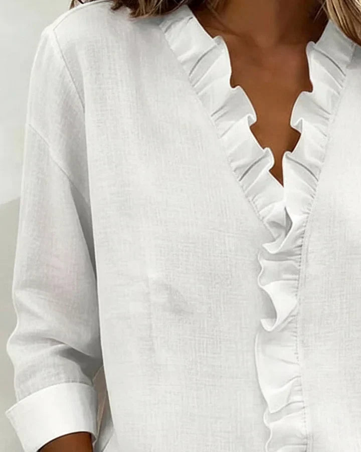 Linda | Blouse avec Volants, Col en V et Manches Longues