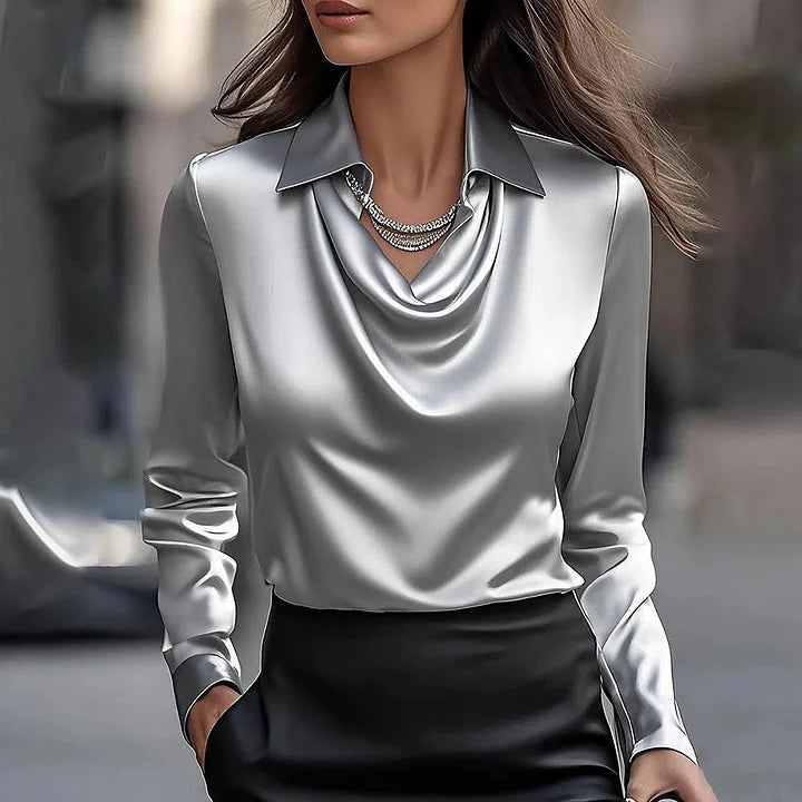 Garance™ | Blouse Satinée Cou Cascade Manches Longues pour Femmes