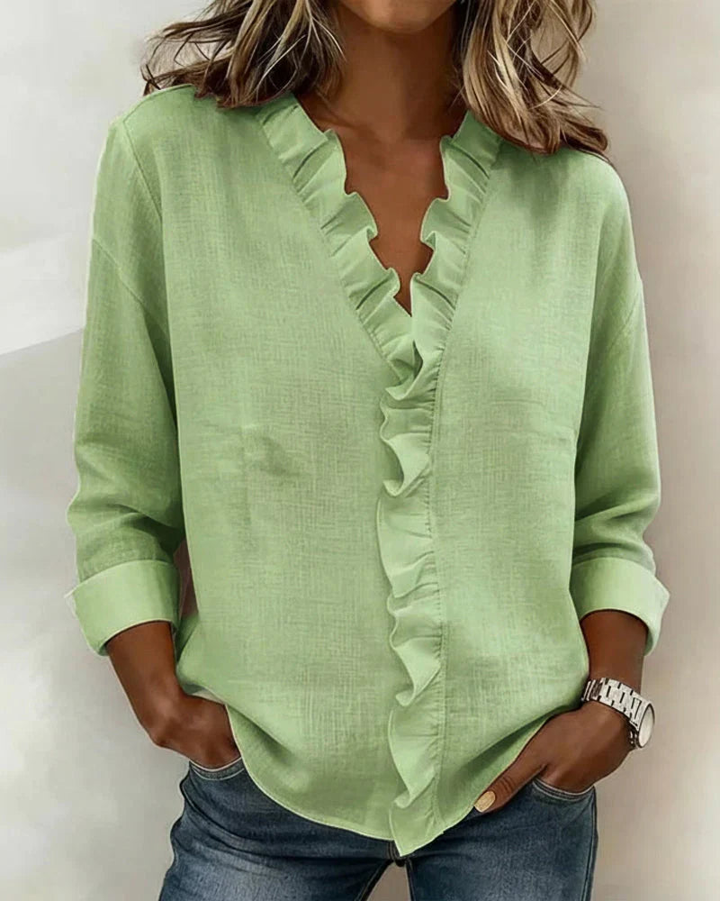 Linda | Blouse avec Volants, Col en V et Manches Longues