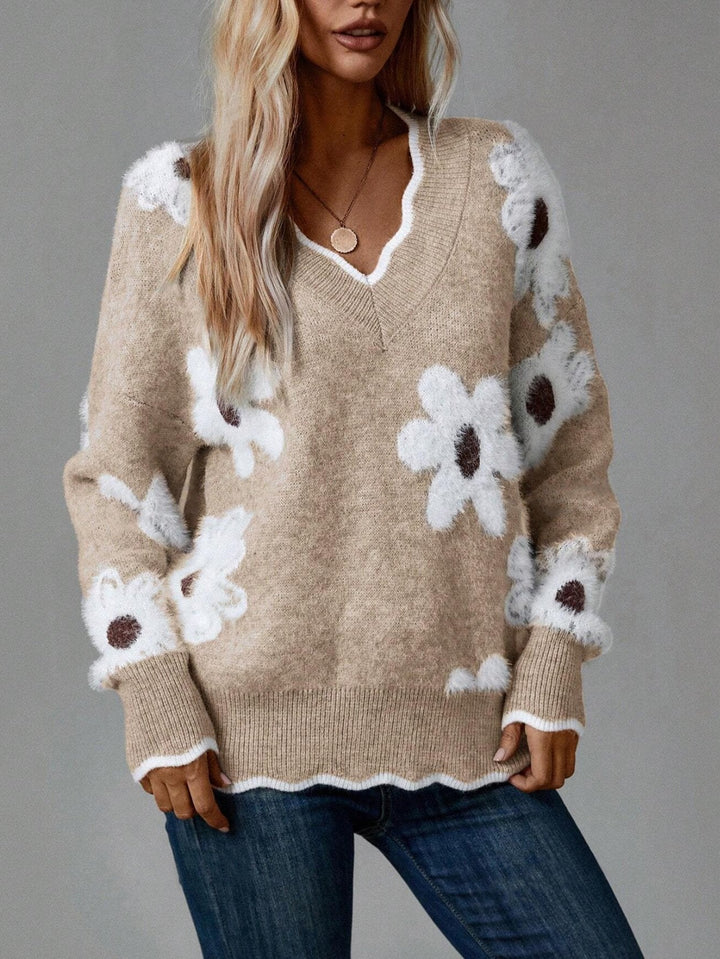 Delphine™ | Chandail Fleuri avec Lisière Ondulée