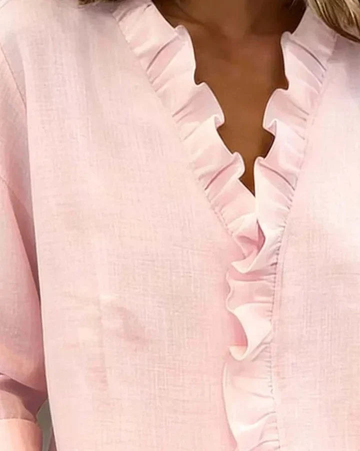 Linda | Blouse avec Volants, Col en V et Manches Longues