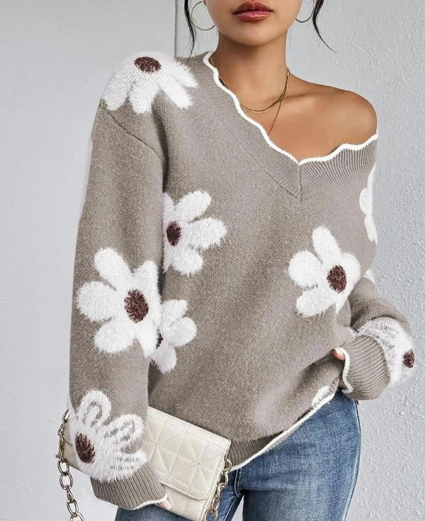 Delphine™ | Chandail Fleuri avec Lisière Ondulée