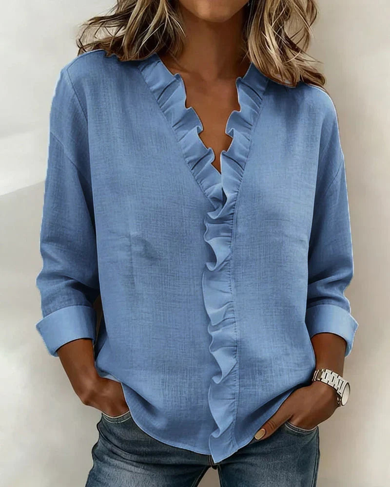 Linda | Blouse avec Volants, Col en V et Manches Longues